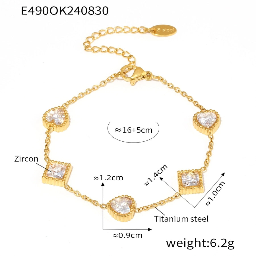 Preppy Style Commute Shiny Square Heart Shape Titanium Steel 18K Gold Plated Zircon Bracelets In Bulk