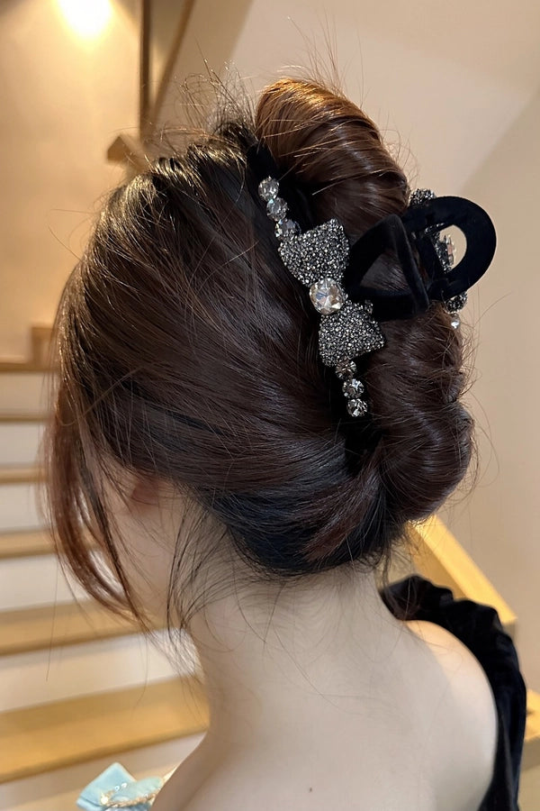 High-Grade Full Diamond Bow Hair Accessories Barrettes Women's Back Head Grip  Former Red Style Flocking Large Size Shark Clip