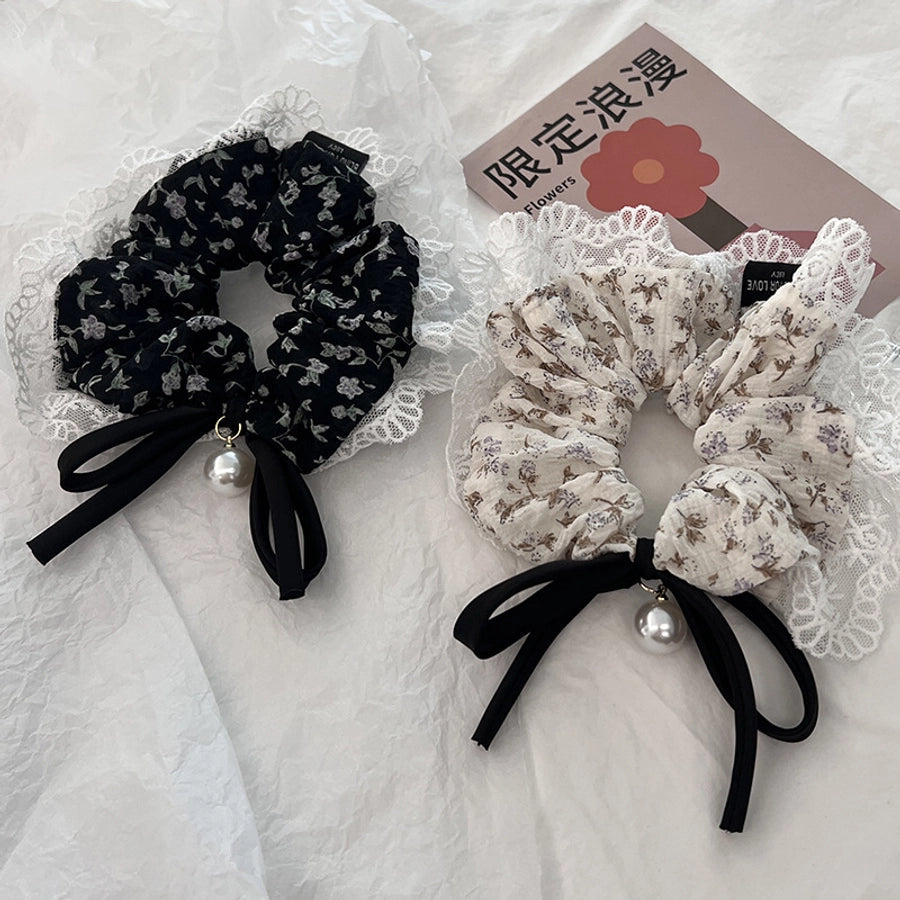 Women's Japanese Style Sweet Flower Cloth Handmade Pearl Lace Hair Tie