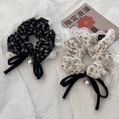 Women's Japanese Style Sweet Flower Cloth Handmade Pearl Lace Hair Tie