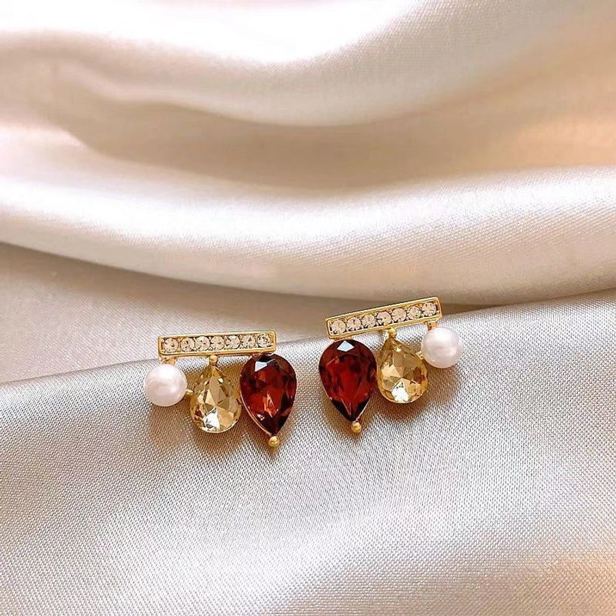 1 Pair Elegant Water Droplets Copper Artificial Gemstones Ear Studs