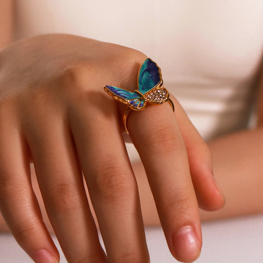 Jewelry IG Style Simple Style Butterfly 304 Stainless Steel Zircon 18K Gold Plated Enamel Inlay Rings