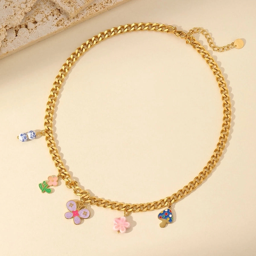 Jewelry Cute Sweet Flower Mushroom Butterfly 304 Stainless Steel 18K Gold Plated Enamel Plating Multi Charms Necklace Bracelets Earrings