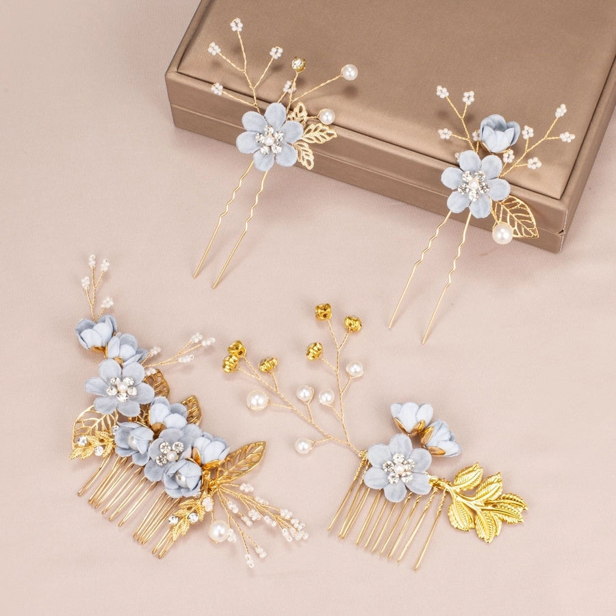 Women's IG Style Sweet Flower Cloth Metal Handmade Pearl Inlay Rhinestones Insert comb