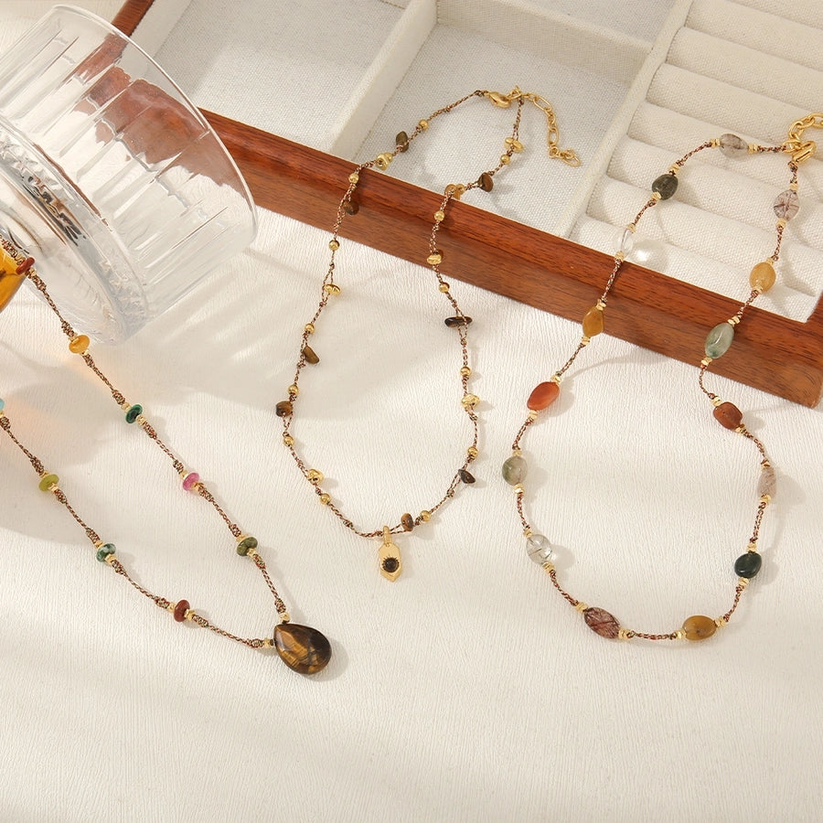 Casual Cute Commute Irregular 304 Stainless Steel natural stone Copper Woven Chain Necklace In Bulk