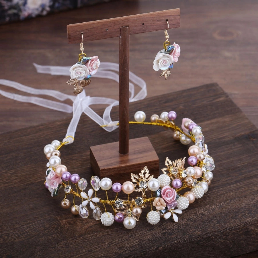bridal headwear handmade pearl ceramic flower headband earrings set