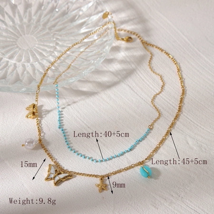 Jewelry Bohemian Marine Style Simple Style Starfish Hippocampus Butterfly 304 Stainless Steel Acrylic 18K Gold Plated Inlay Double Layer Necklaces