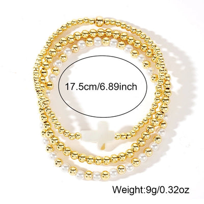 Hot Selling New Shell Cross Copper Bead Imitation Pearl Golden Balls Beads Bracelet Bracelet Three-Piece Set  Foshan