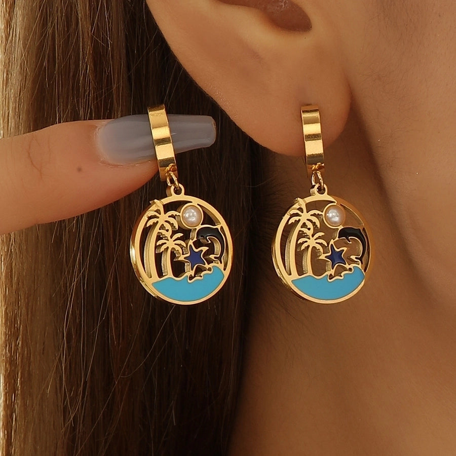 1 Pair Hawaiian IG Style Tree Ocean Painted Hollow Out Inlay Titanium Steel Artificial Pearls Turquoise 18K Gold Plated Drop Earrings