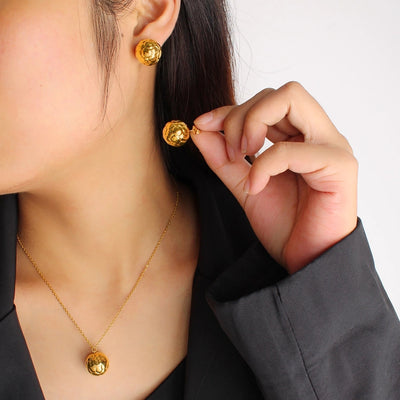 Autumn and Winter  New Arrival Texture Ball Earrings Pendant Necklace Suit Stainless Steel Personality Fashion Short Necklace Stud Earrings