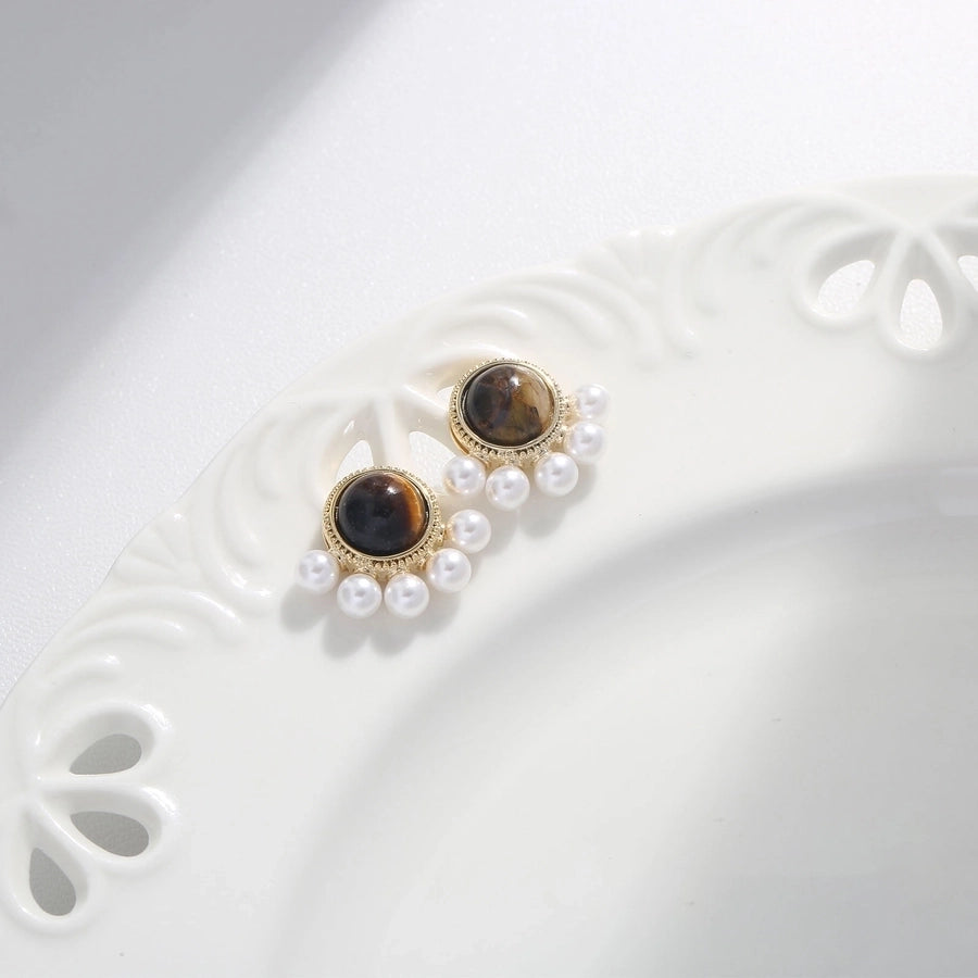 1 Pair Vintage Style Simple Style Geometric Round Heart Shape Plating Inlay Copper Natural Stone Zircon 18K Gold Plated Ear Studs