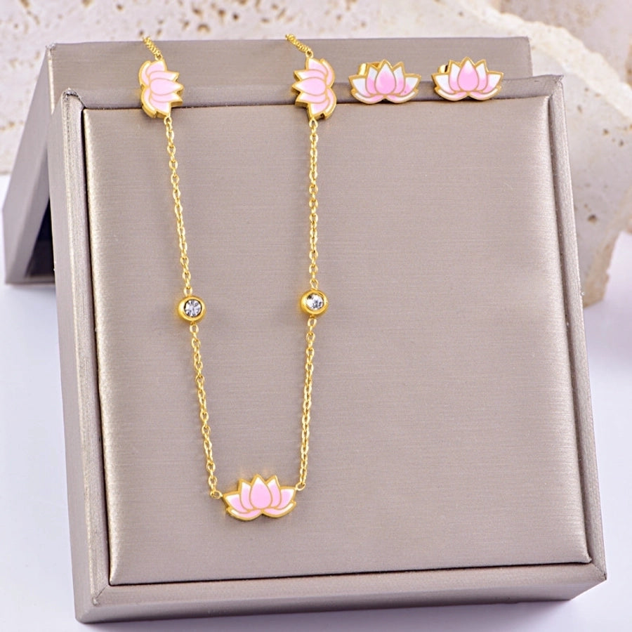 Jewelry Sweet Flower Titanium Steel Gold Plated Epoxy Plating Bracelets Jewelry Set
