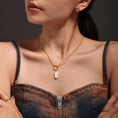 Jewelry Elegant Vacation Rectangle 304 Stainless Steel Baroque pearl 18K Gold Plated Pendant Necklace