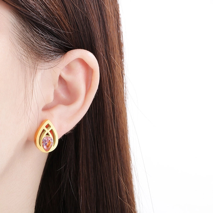 1 Pair Vintage Style Water Droplets Hollow Out Inlay 304 Stainless Steel Zircon 18K Gold Plated Ear Studs