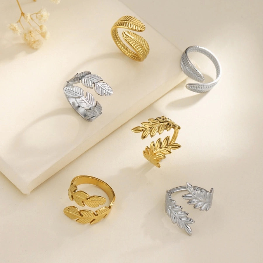 Jewelry Elegant Leaves Feather 304 Stainless Steel Open Rings
