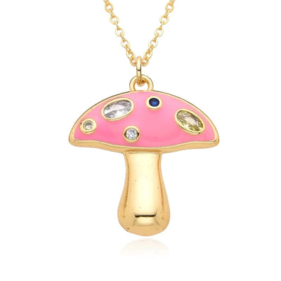 Copper Inlay Mushroom Zircon Pendant Necklace