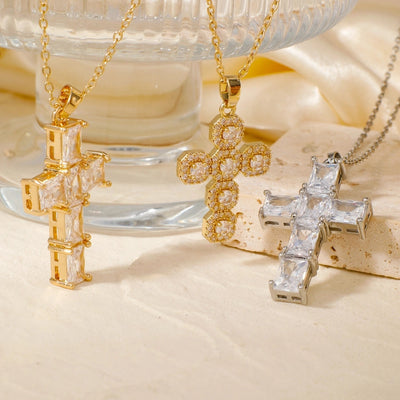 304 Stainless Steel Copper K Gold Plated Rhodium Plated Inlay Cross Zircon Pendant Necklace