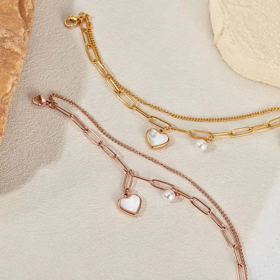 Casual Simple Style Heart Shape Titanium Steel 18K Gold Plated Artificial Pearls Shell Paperclip Chain Bracelets In Bulk