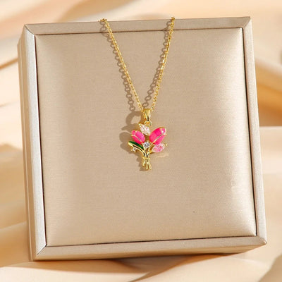 Jewelry Simple Style Tulip Titanium Steel Zircon Pendant Necklace