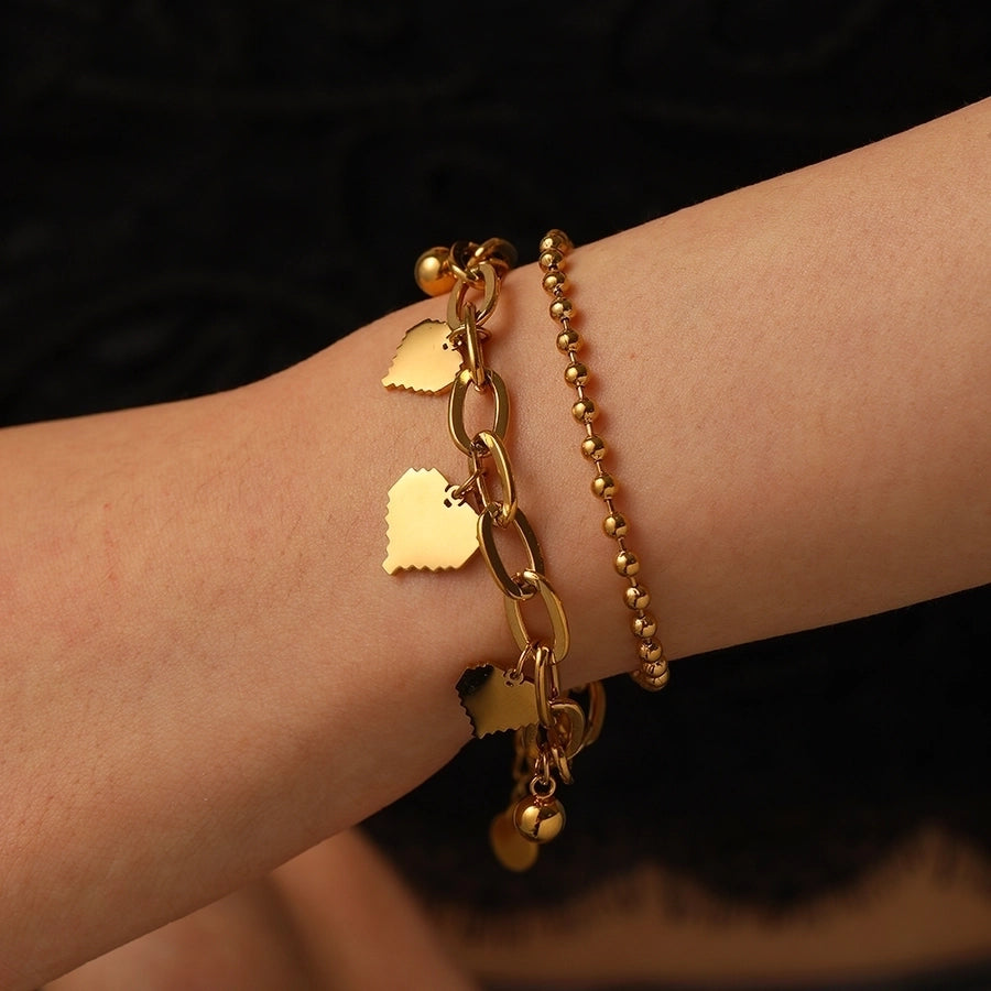 Elegant Heart Shape Titanium Steel 18K Gold Plated Beaded Chain cable chain Bracelets In Bulk