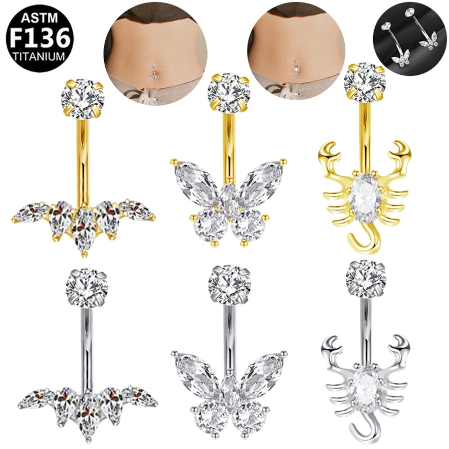 1 Piece Belly Rings Glam Shiny Butterfly Pure Titanium Aluminium Alloy Zircon 14K Gold Plated White Gold Plated