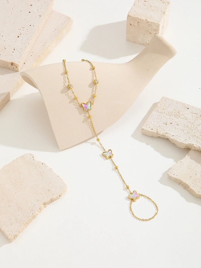 Simple Style Classic Style Petal Butterfly Bow Knot Titanium Steel 18K Gold Plated Rhinestones Bracelets In Bulk