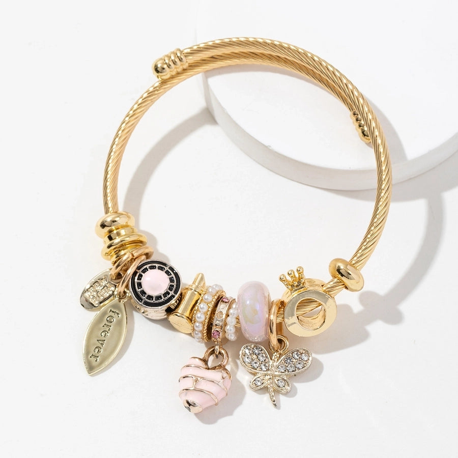 Casual Elegant Lady Heart Shape Dragonfly 304 Stainless Steel Alloy Artificial Crystal Bangle In Bulk