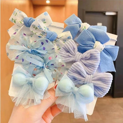 cute plaid flower bow knot cloth inlaid pearls hair tie 1 set