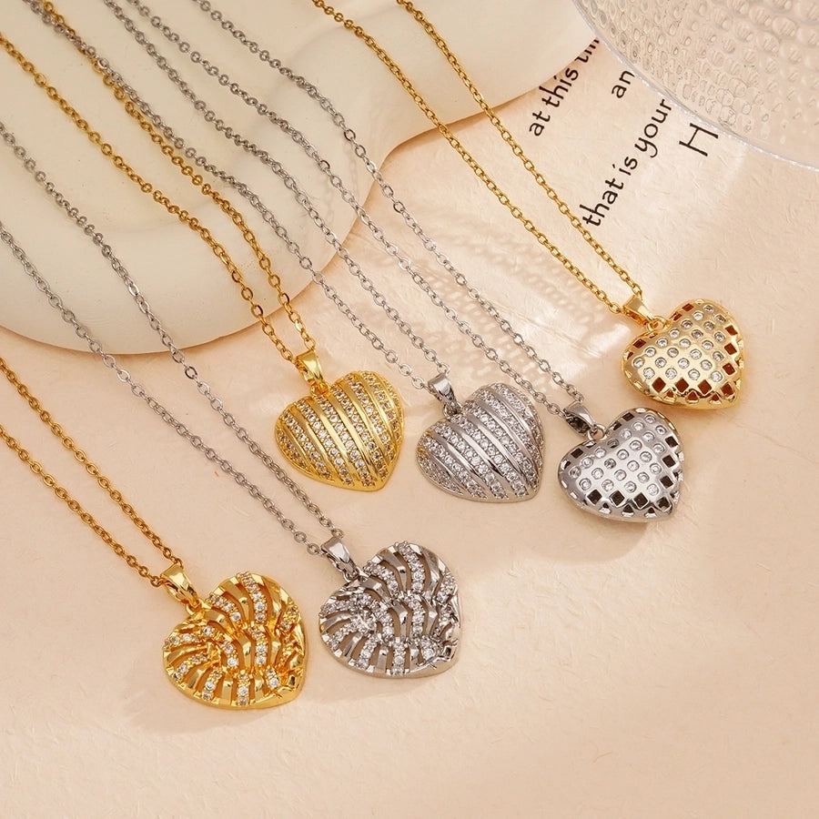 Jewelry Simple Style Heart Shape 304 Stainless Steel Copper Zircon Gold Plated Plating Inlay Pendant Necklace