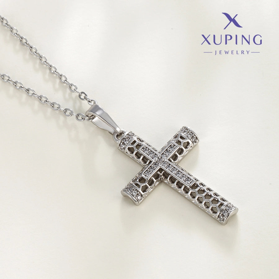 Copper 18K Gold Plated Plating Hollow Out Inlay Cross Zircon Pendant Necklace