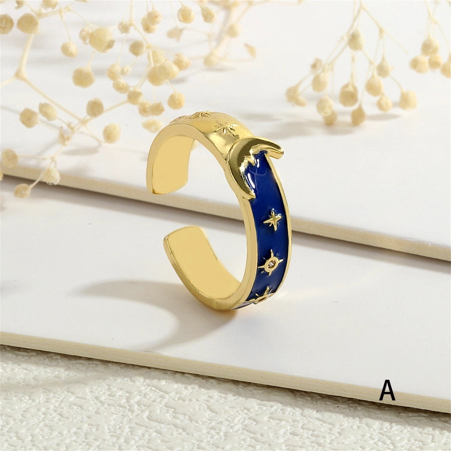 Copper Enamel Inlay Star Moon Zircon Open Rings