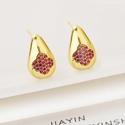 1 Pair Elegant Simple Style Four Leaf Clover Water Droplets Copper Zircon Ear Studs
