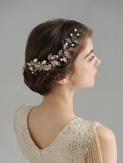 retro leaf flower alloy copper pearl inlay rhinestones insert comb