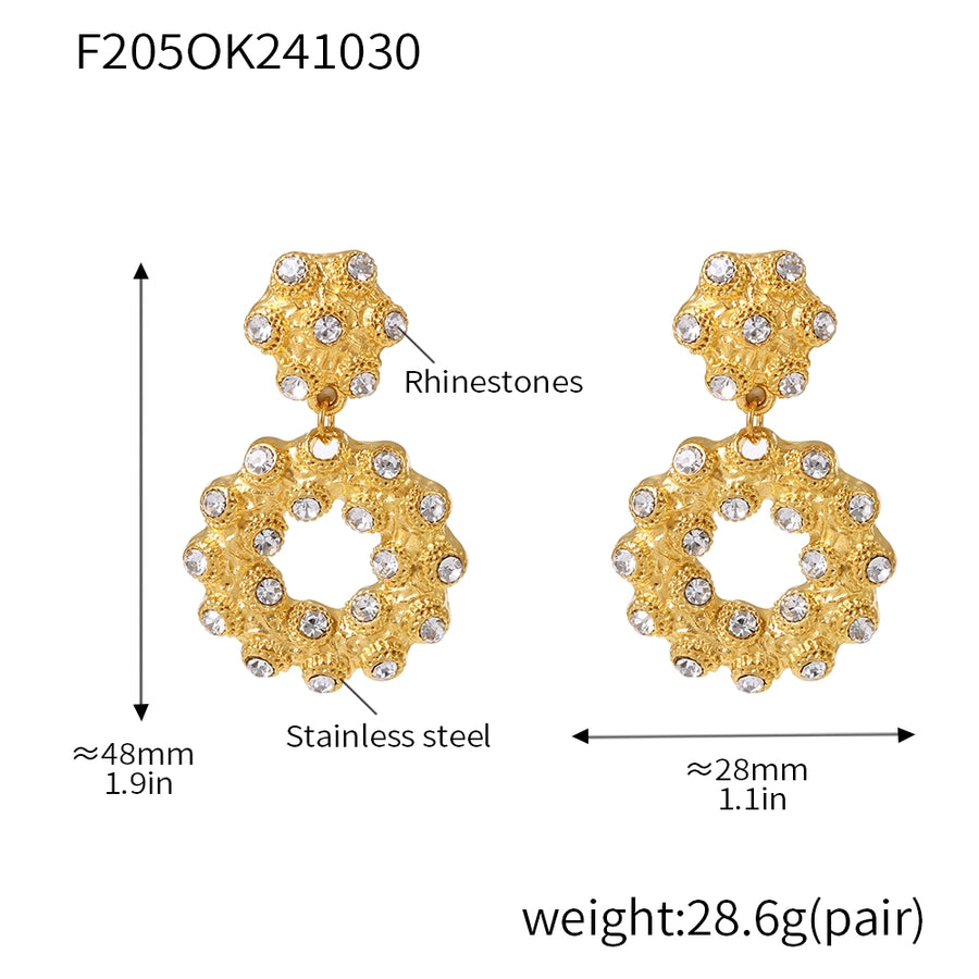 Jewelry Elegant Circle 304 Stainless Steel Rhinestones Glass Stone 18K Gold Plated Plating Inlay Earrings Necklace
