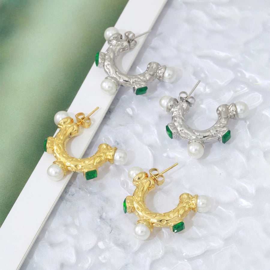 1 Pair Elegant C Shape Plating Inlay 304 Stainless Steel Artificial Pearls Zircon 18K Gold Plated Ear Studs