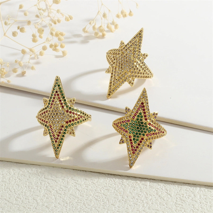 Copper Inlay Hexagram Star Zircon Open Rings