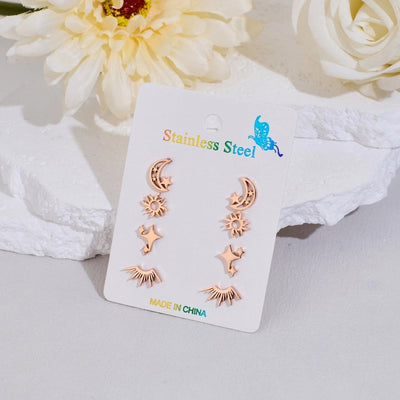 4 Pairs Cute Sweet Commute Sun Star Moon Polishing Hollow Out 304 Stainless Steel 18K Gold Plated Ear Studs