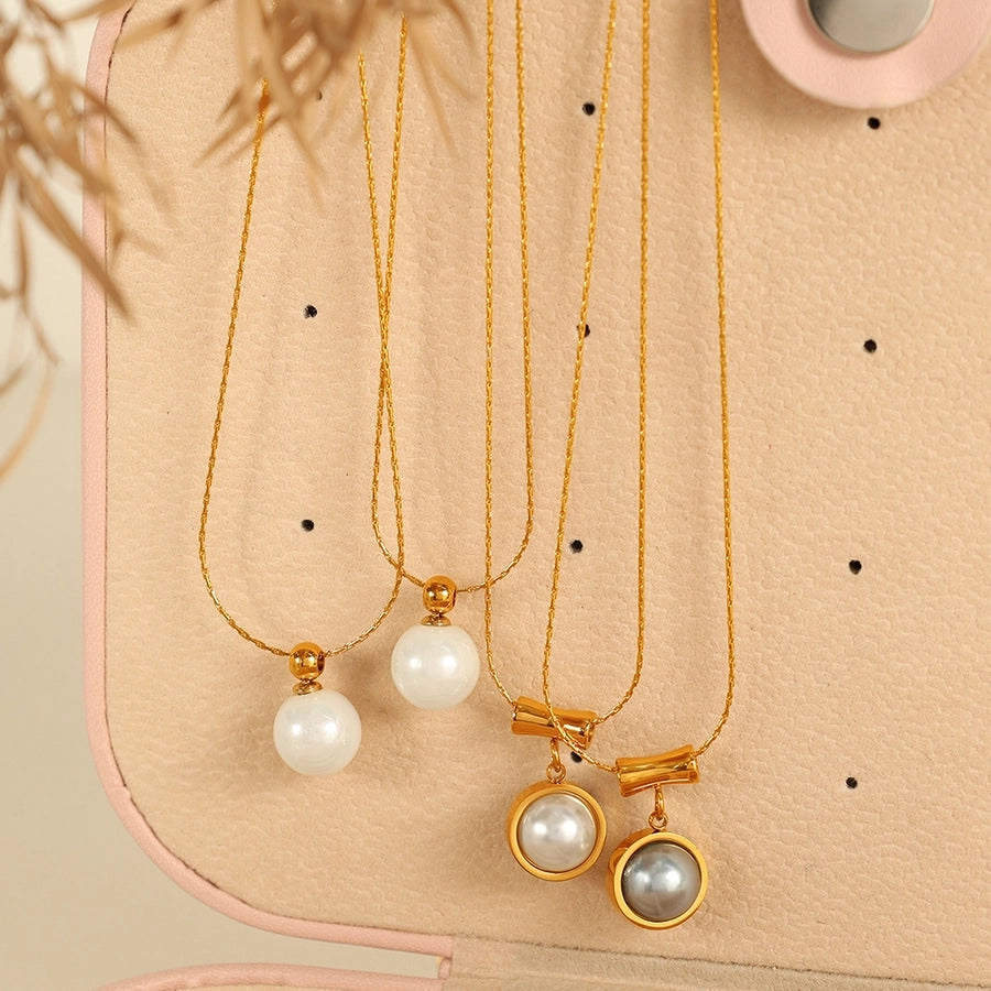 Jewelry IG Style Elegant Round 304 Stainless Steel Artificial Pearls 18K Gold Plated Polishing Inlay Pendant Necklace