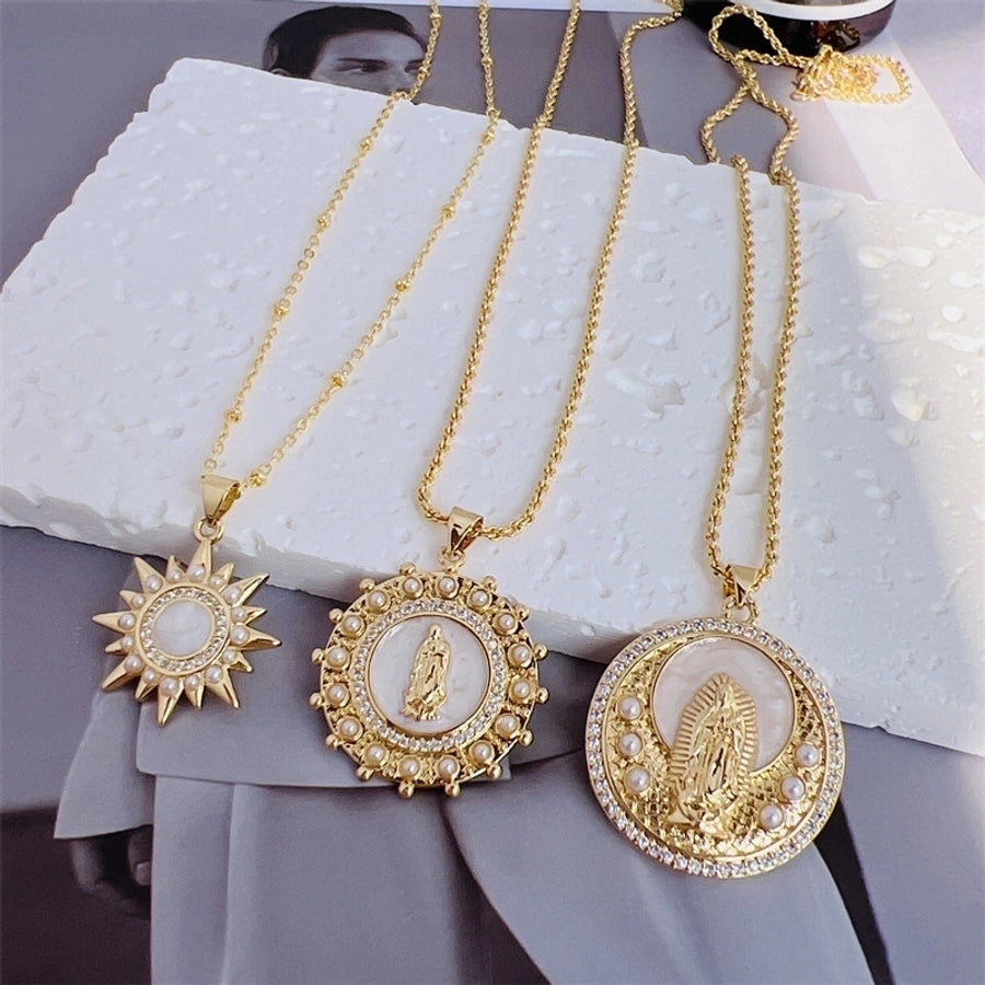 Copper 18K Gold Plated Enamel Inlay Round Virgin Mary Artificial Pearls Zircon Pendant Necklace