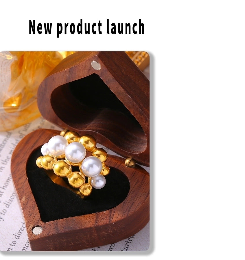 Jewelry Elegant French Style Round 304 Stainless Steel Artificial Pearls 18K Gold Plated Layered Inlay Rings