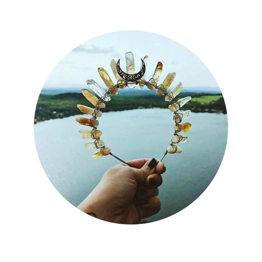retro moon crown natural crystal hollow out hair combs crown