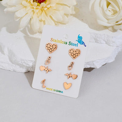 4 Pairs Cute Sweet Commute Geometric Heart Shape Polishing Hollow Out 304 Stainless Steel 18K Gold Plated Ear Studs