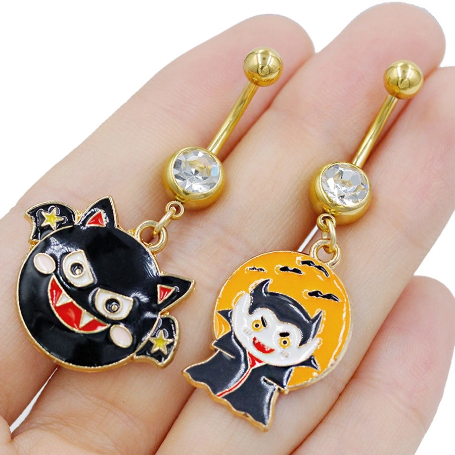 1 Piece Belly Rings Rock Punk Pumpkin Bat Skull 316 Stainless Steel  Alloy Epoxy Inlay Rhinestones Zircon Gold Plated