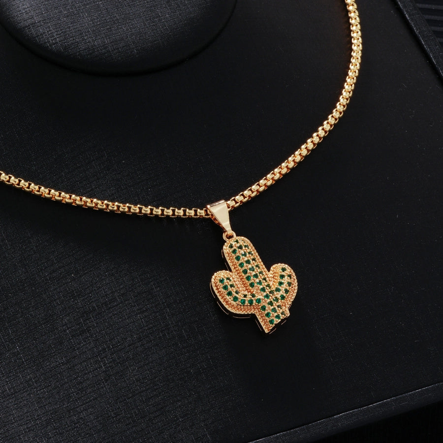 Hip-Hop Streetwear Cactus Tiger 304 Stainless Steel Copper Inlay Zircon K Gold Plated Unisex Pendant Necklace