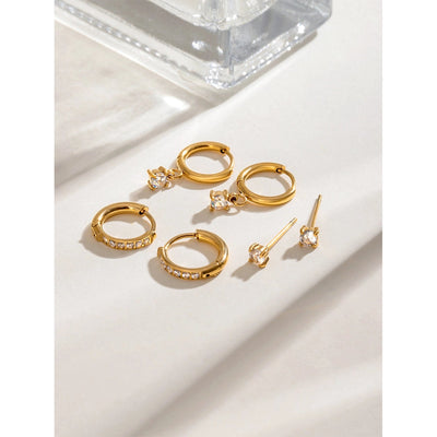 18K Gold Stainless Steel Rhinestone White Rhinestone Ear Clip Earrings 3 Pairs One Card