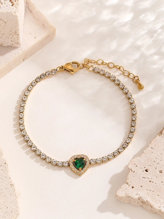 Elegant Lady Streetwear Oval Heart Shape Titanium Steel 18K Gold Plated Artificial Crystal Bracelets In Bulk