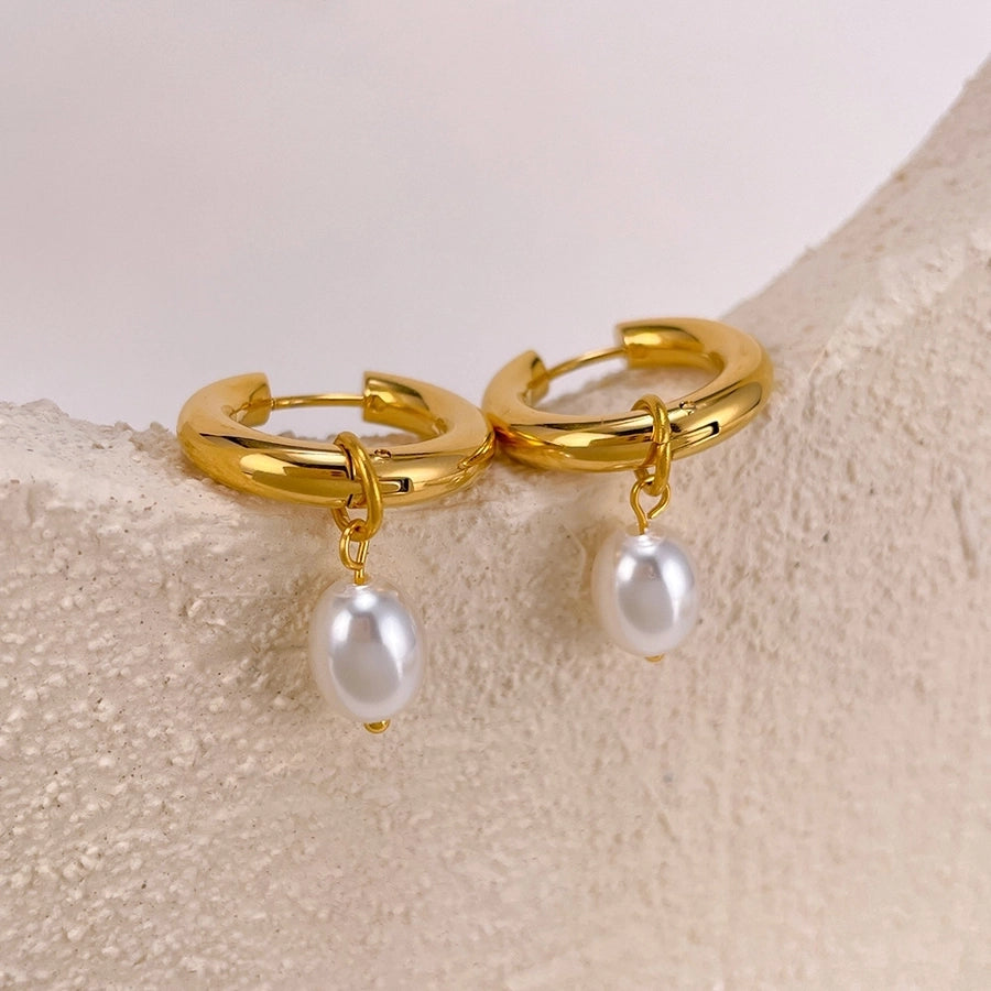 1 Pair French Style Geometric Pearl chain 304 Stainless Steel 18K Gold Plated Drop Earrings