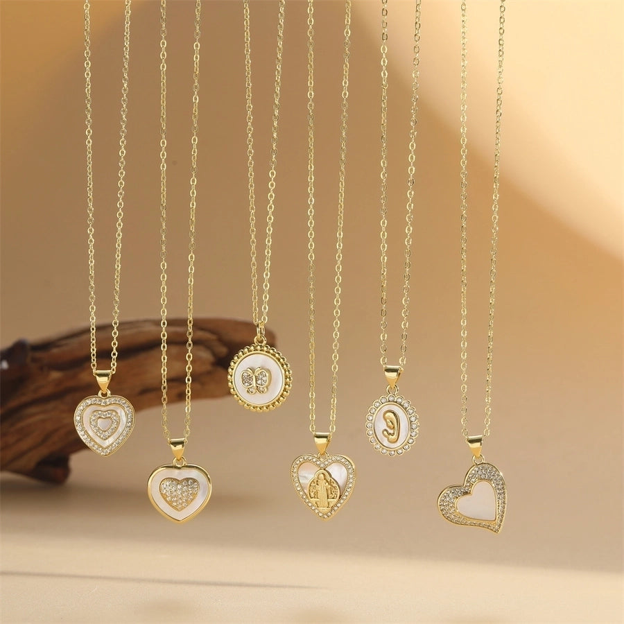 Shell Copper 14K Gold Plated Inlay Heart Shape Butterfly Zircon Pendant Necklace