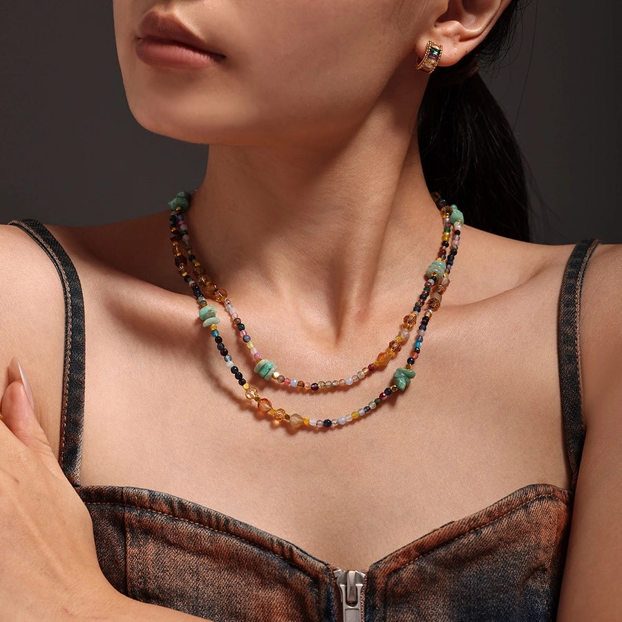 Sweet Cool Style Geometric 304 Stainless Steel Artificial Crystal natural stone 18K Gold Plated Beaded Chain Necklace In Bulk