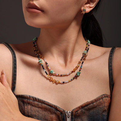 Sweet Cool Style Geometric 304 Stainless Steel Artificial Crystal natural stone 18K Gold Plated Beaded Chain Necklace In Bulk